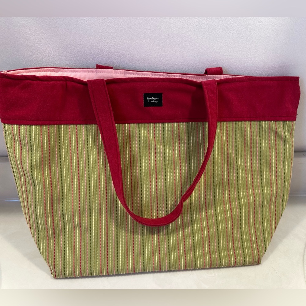 Madison Handbags green and pink stripe open top tote with interior pockets